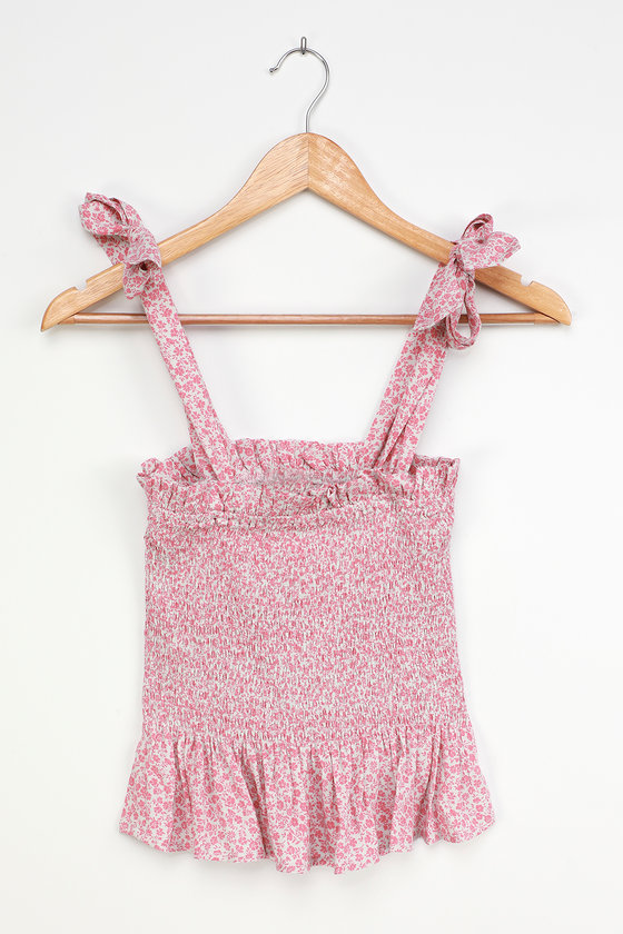 Pink Floral Print Top - Smocked Crop Top - Tie-Strap Tank Top - Lulus