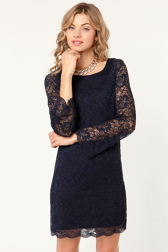 Pretty Lace Dress - Navy Blue Dress - Long Sleeve Dress - $59.00 - Lulus