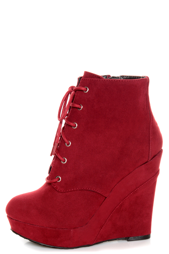 Promise Magnum Wine Red Lace-Up Wedge Booties
