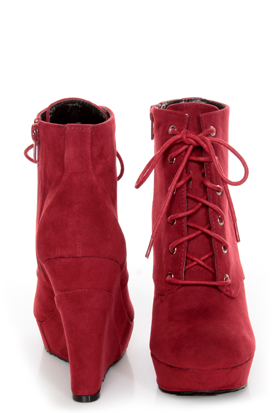 Promise Magnum Wine Red Lace-Up Wedge Booties