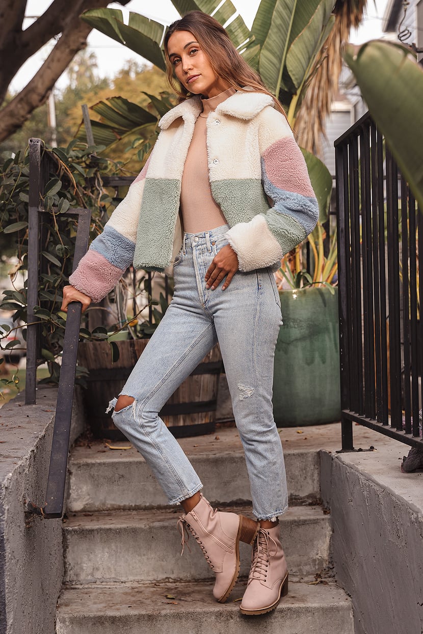 vene Flytte lektier Cream Color Block Jacket - Faux Fur Jacket - Teddy Jacket - Lulus