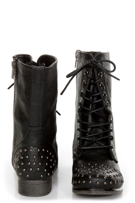 Madden Girl Gewelz Black Studded Lace-Up Combat Boots