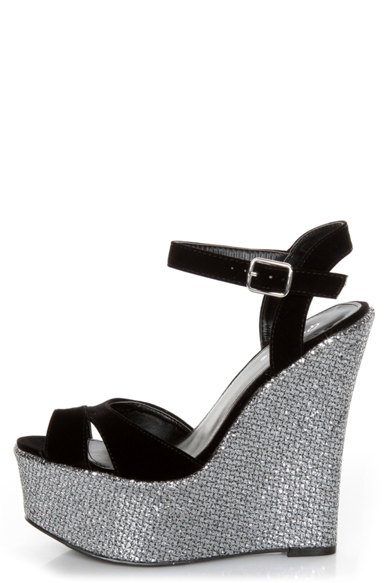 Qupid Kunis 09 Black Velvet and Silver Sparkles Platform Wedges