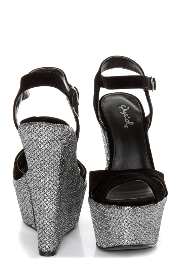 Qupid Kunis 09 Black Velvet and Silver Sparkles Platform Wedges