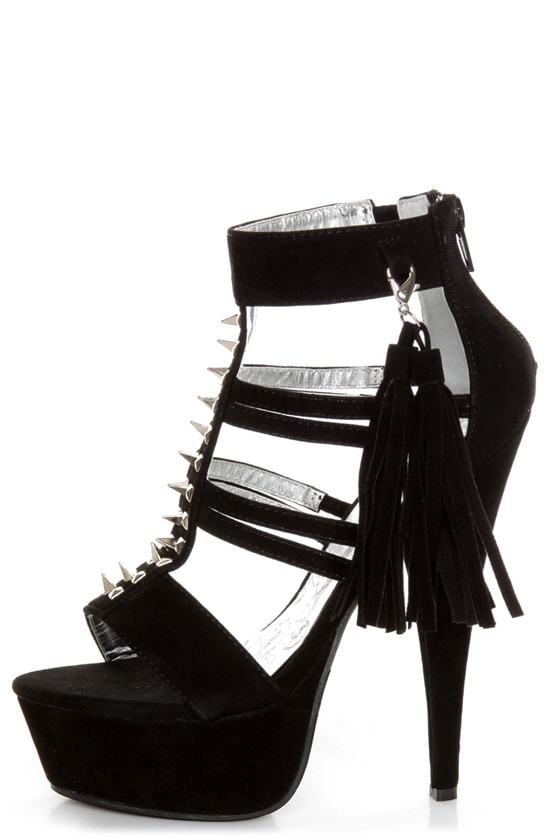 Mona Mia Katia Black Studded Tassel Platform Heels