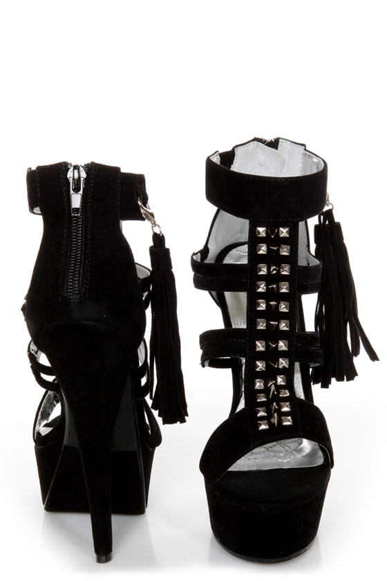 Mona Mia Katia Black Studded Tassel Platform Heels