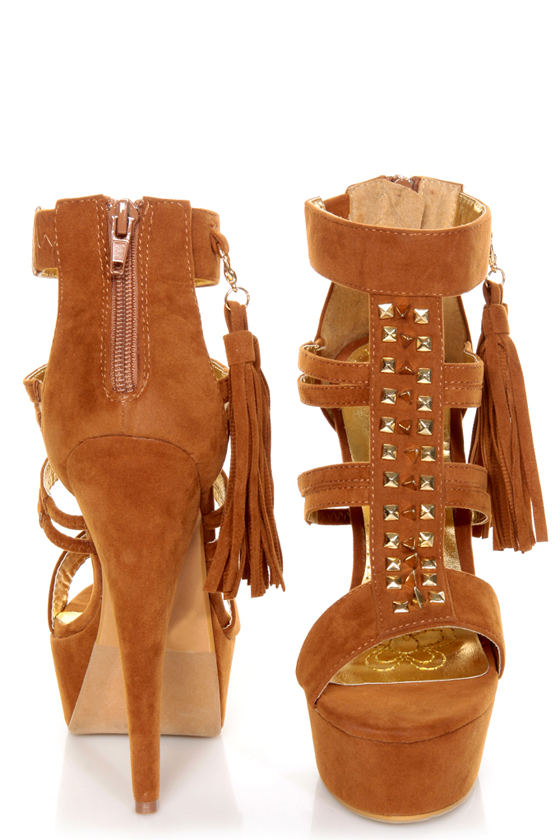 Mona Mia Katia Tan Studded Tassel Platform Heels