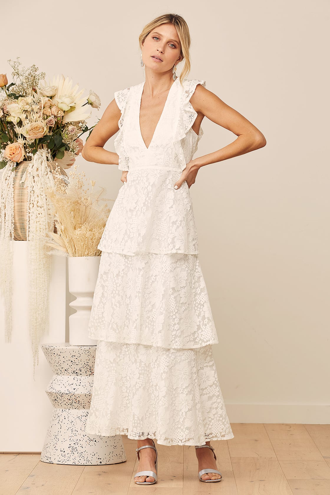 Tiered Ruffled White Maxi Rehearsal Dinner Dress