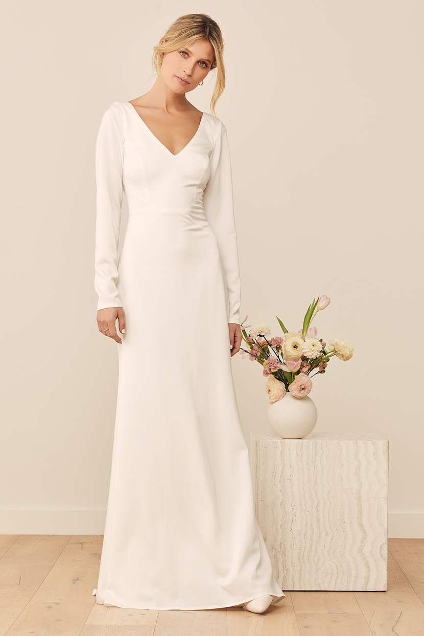 long sleeve off shoulder silk wedding dress Danielle
