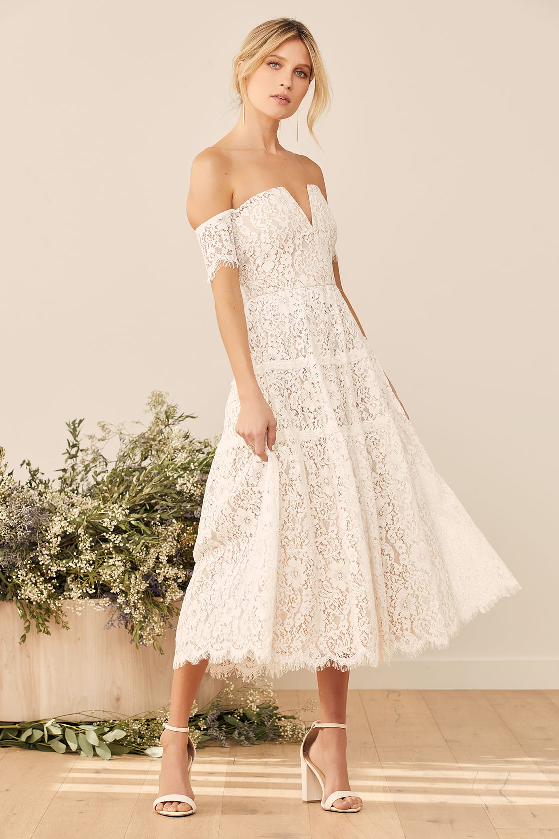 White Off Shoulder Lace Rehearsal Dinner Dress