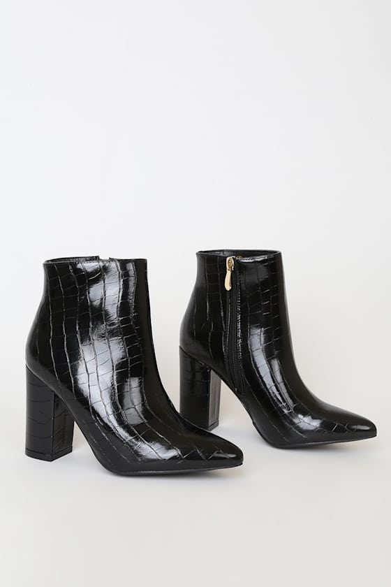 Ottava Black Crocodile-Embossed High Heel Booties 3