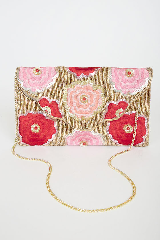 Gold Beaded Clutch Red Floral Clutch Embroidered Clutch Lulus