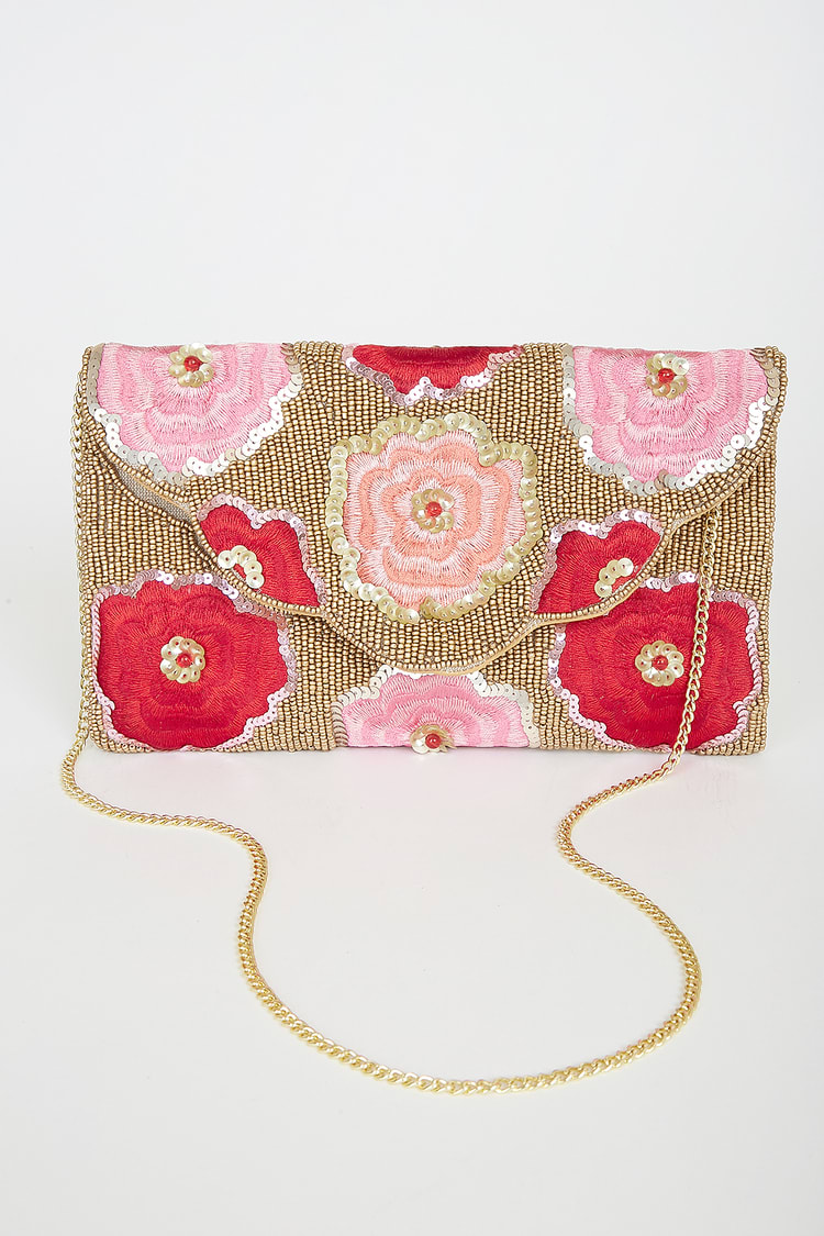 Let Your Love Bloom Red and Gold Beaded Embroidered Clutch