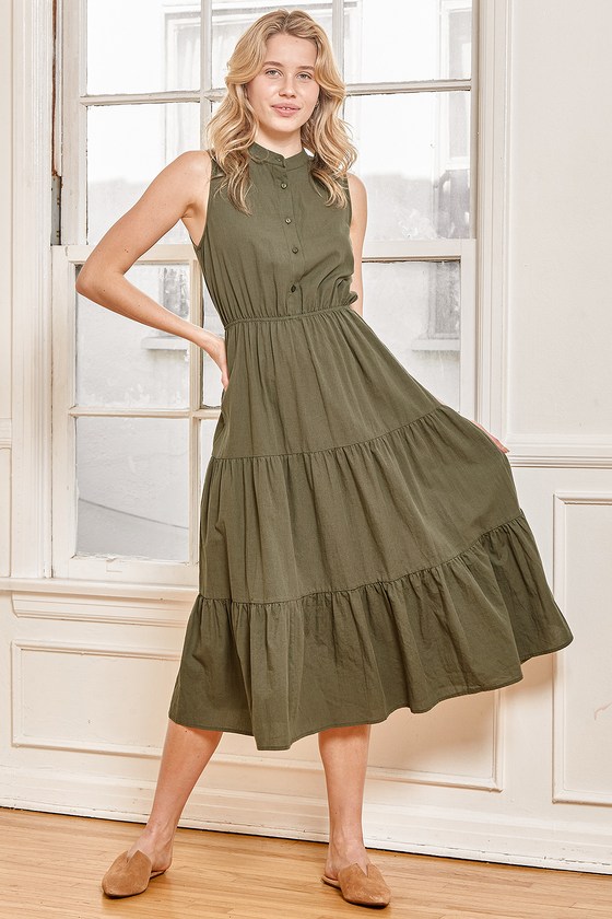 Cute Olive Green Dress - Tiered Midi Dress - Sleeveless Dress - Lulus