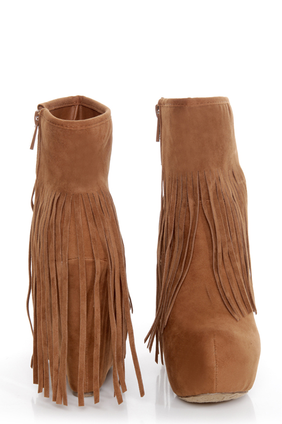 Dollhouse Sheena Chestnut Fringe Wedge Booties