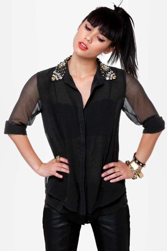 Bead Colony Beaded Black Button-Up Top