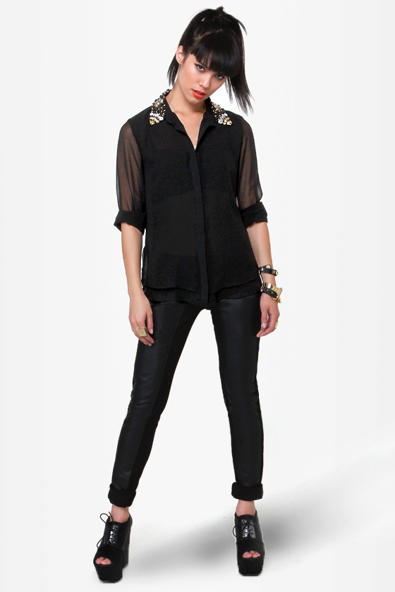 Bead Colony Beaded Black Button-Up Top