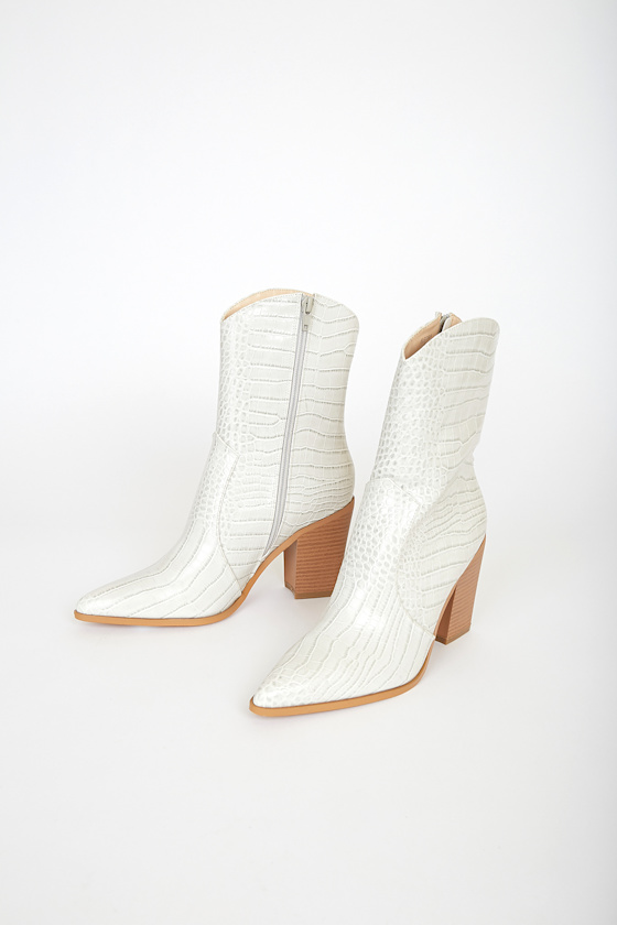 Eleora Bone Crocodile-Embossed Mid-Calf High Heel Boots 4