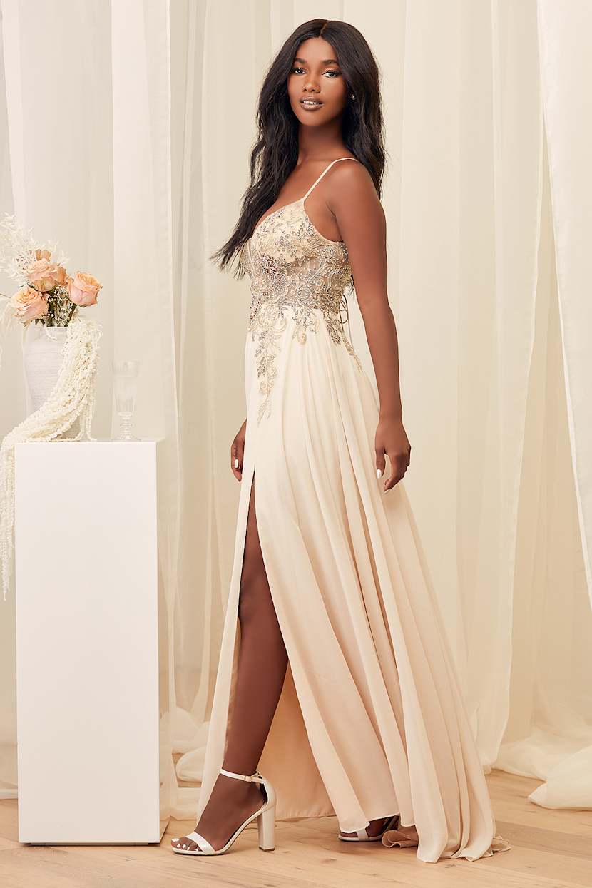 white christmas dresses Zayla Dress in Champagne | Boho Maxi main image 0