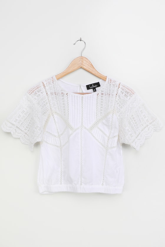 White Cotton Blouse - Lace Short Sleeve Top - Pleated Lace Top - Lulus