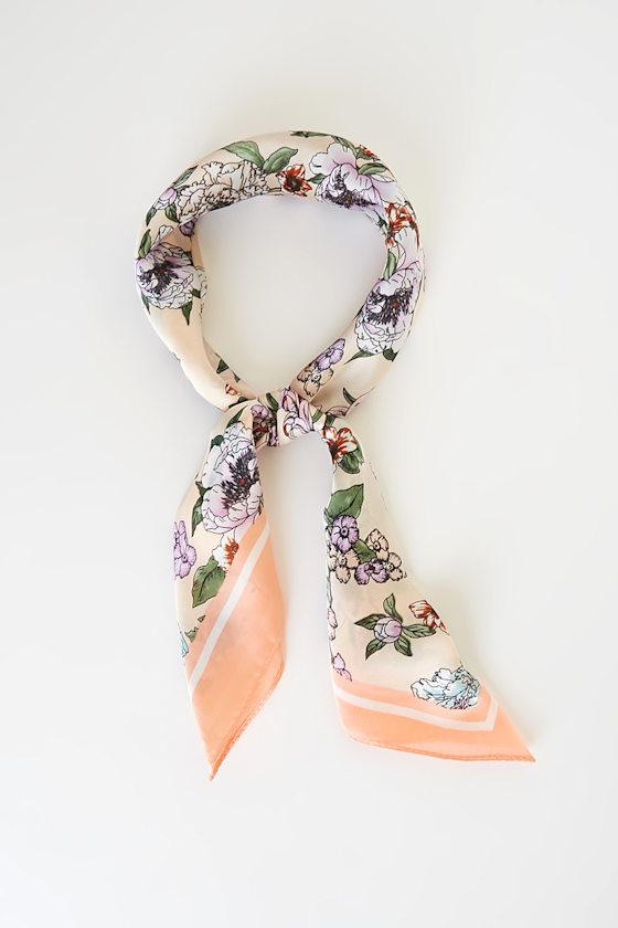 For Me? Peach Multi Floral Print Satin Handkerchief Scarf 1