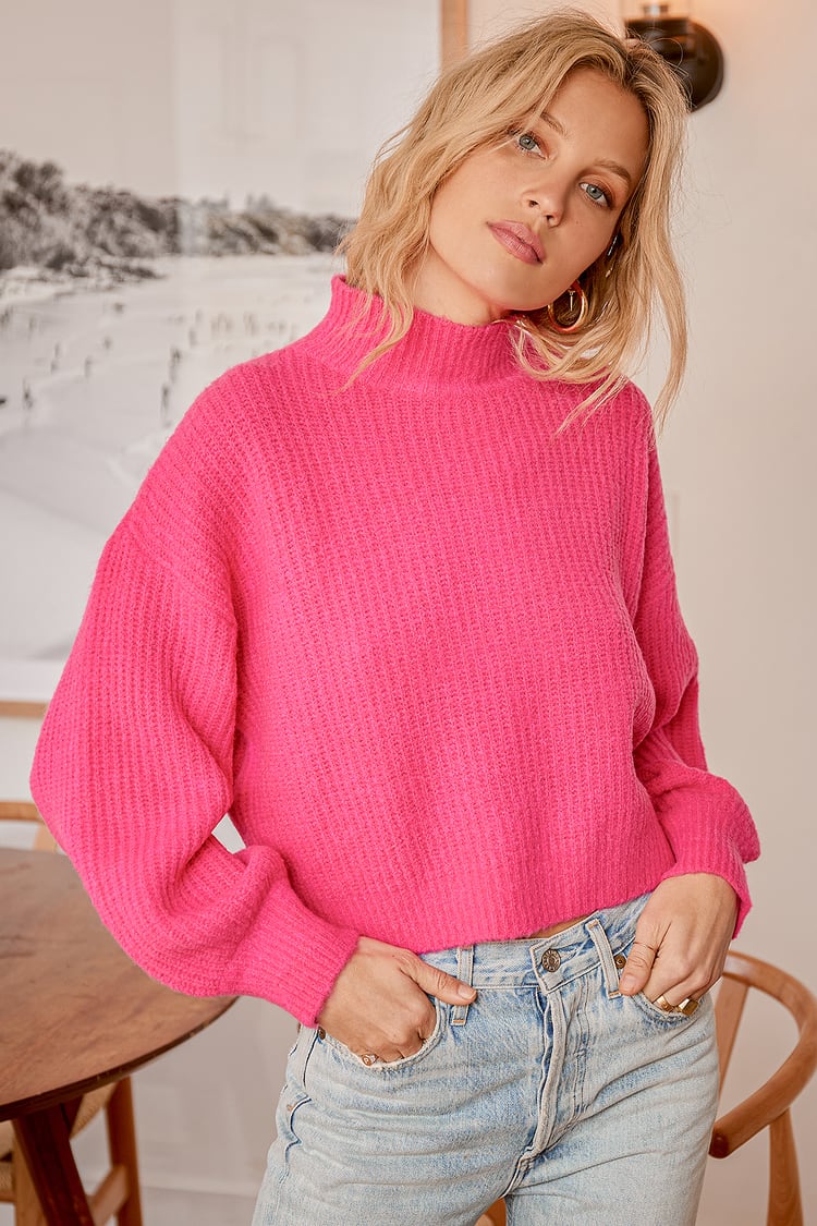 Hot Pink Sweater - Bright Pullover Sweater - Mock Neck Sweater - Lulus