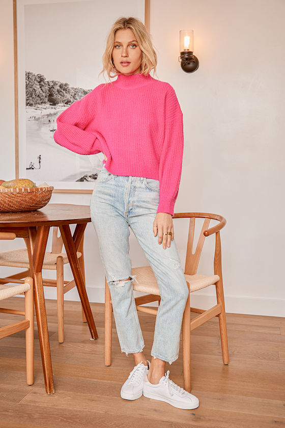 Bright and Cheery Hot Pink Knit Mock Neck Balloon Sleeve Sweater 4