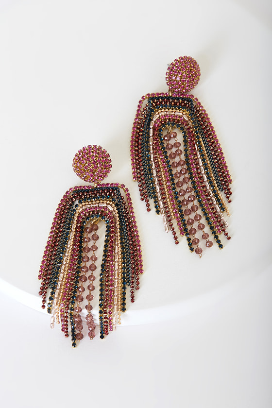 Pink and Green Plaid Long Fringe Seed Bead Earrings - Iris Elm Jewelry