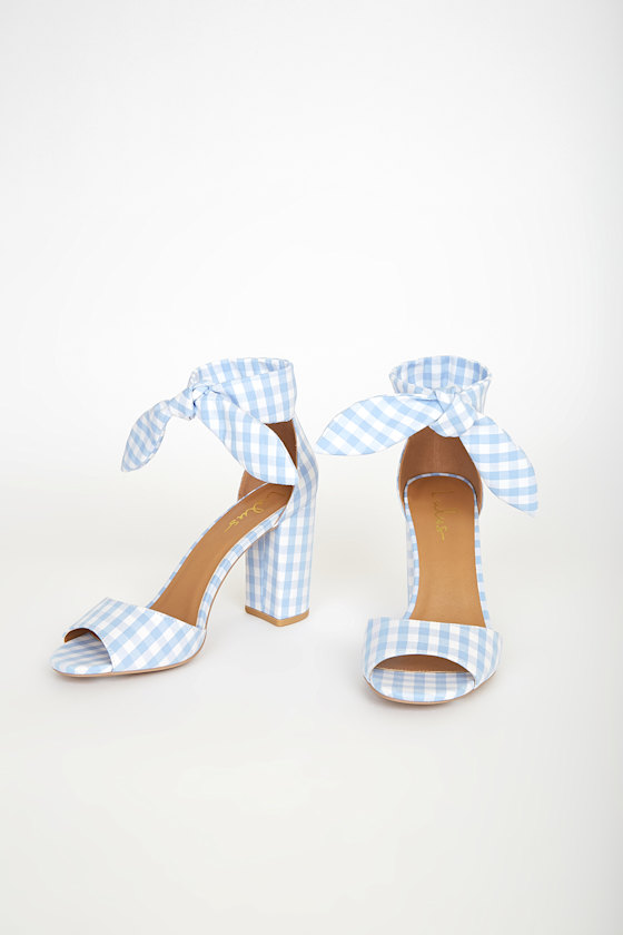 Covington Blue and White Gingham Ankle Strap Heels 1