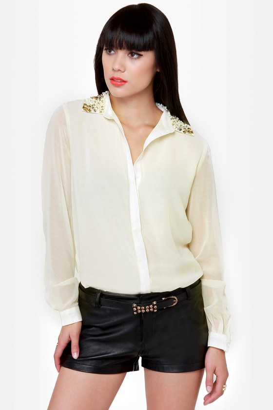 Bead Colony Beaded Cream Button-Up Top