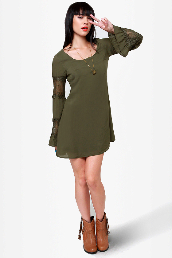 Sleeve It to Me Olive Green Shift Dress
