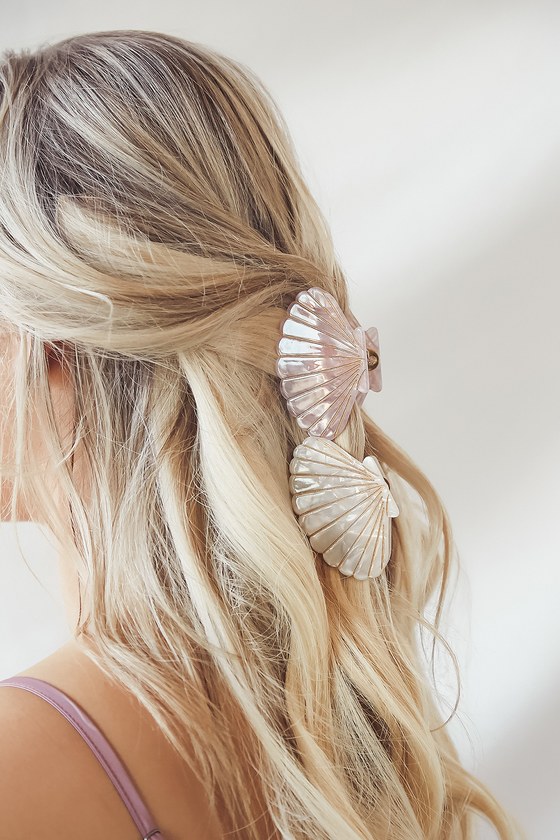 Ocean Oasis Pink and Ivory Marbled Shell Hair Clip Set