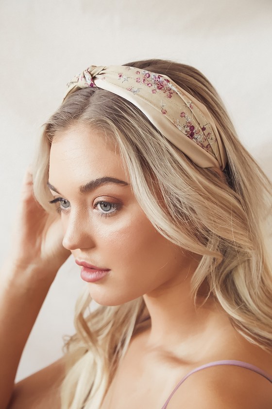 Beige Ditsy Floral Knotted Headband for Women