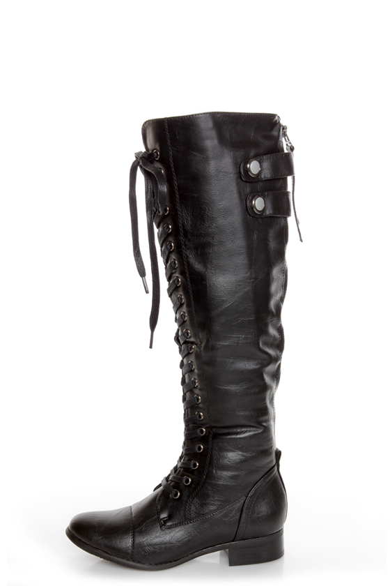 Rocker Black Lace-Up Knee High Boots