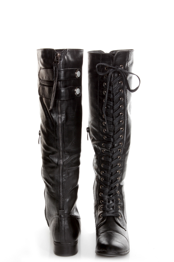 Rocker Black Lace-Up Knee High Boots