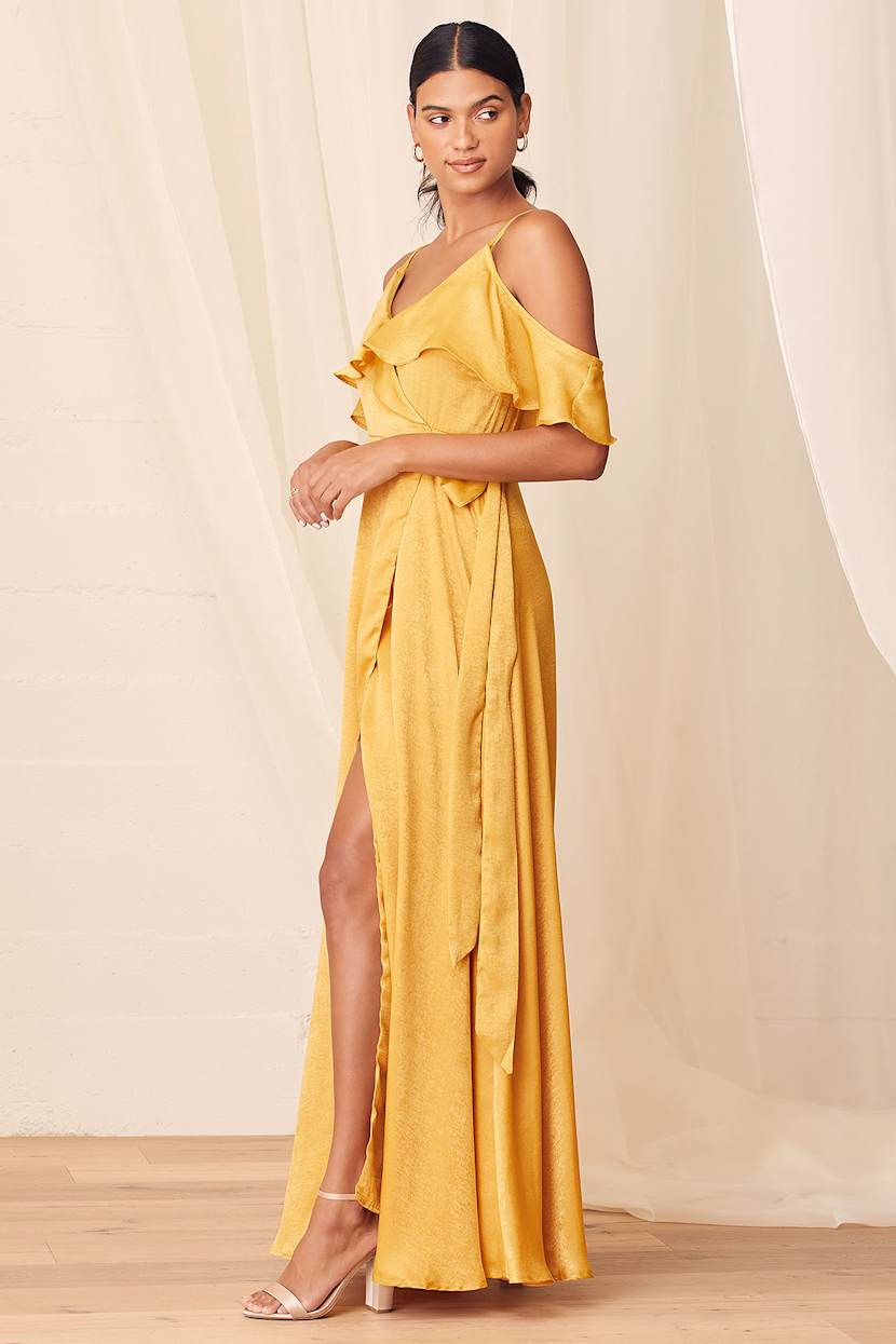Mustard Yellow Dress - Cold-Shoulder Maxi - Blue Wrap Dress - Lulus