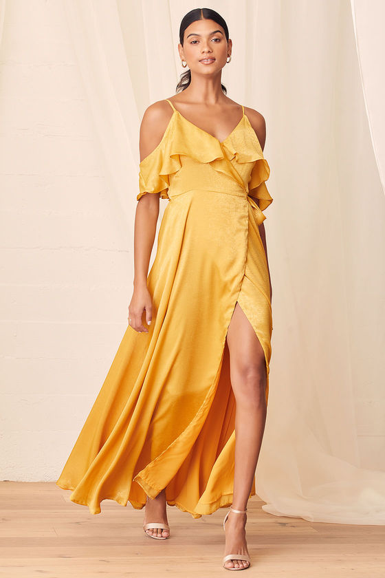 Mustard Yellow Dress - Cold-Shoulder Maxi - Blue Wrap Dress - Lulus