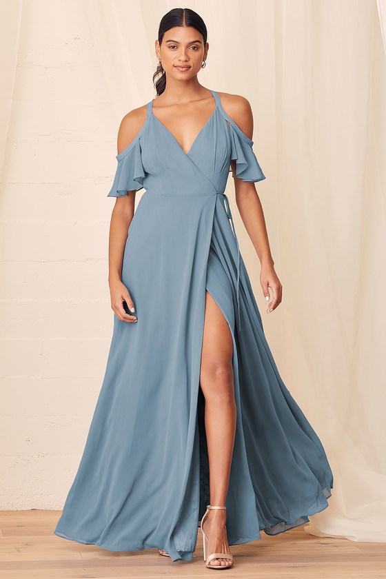 Easy Listening Slate Blue Cold-Shoulder Wrap Maxi Dress