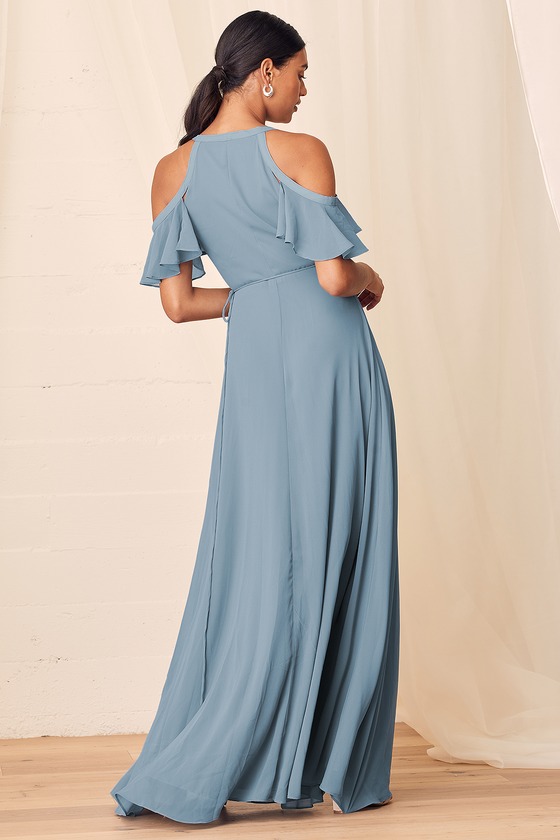 Easy Listening Slate Blue Cold-Shoulder Wrap Maxi Dress