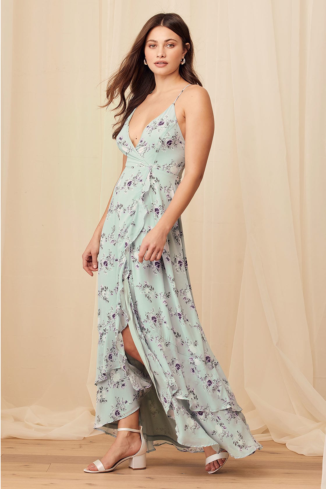In Love Forever Sage Green Floral Lace-Up High-Low Maxi Dress