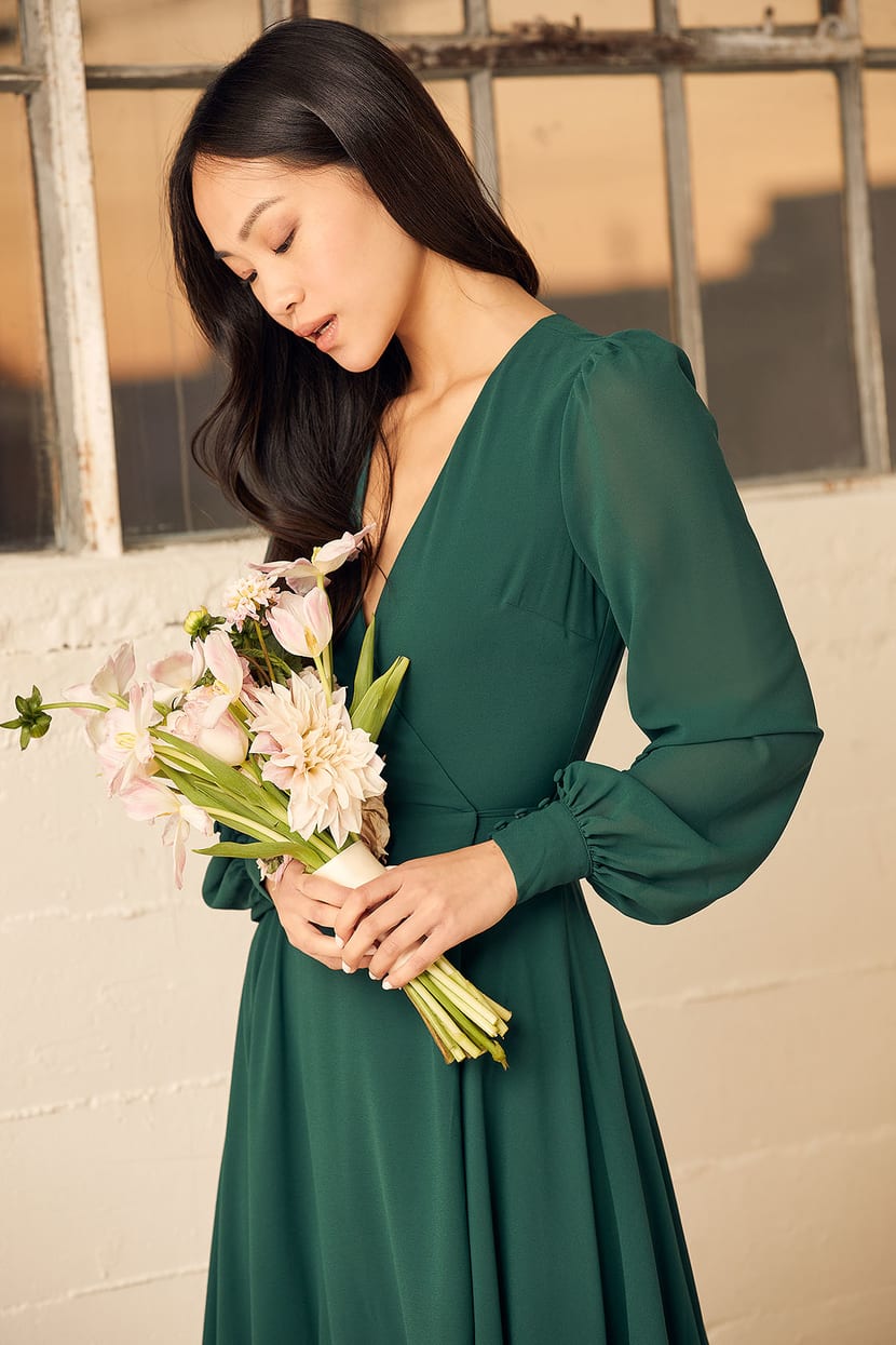 Glam Green Dress Maxi Dress Wrap Dress Long Sleeve Dress Lulus
