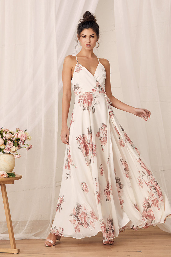 Lovely Cream Floral Print Dress Wrap Dress Maxi Dress Lulus