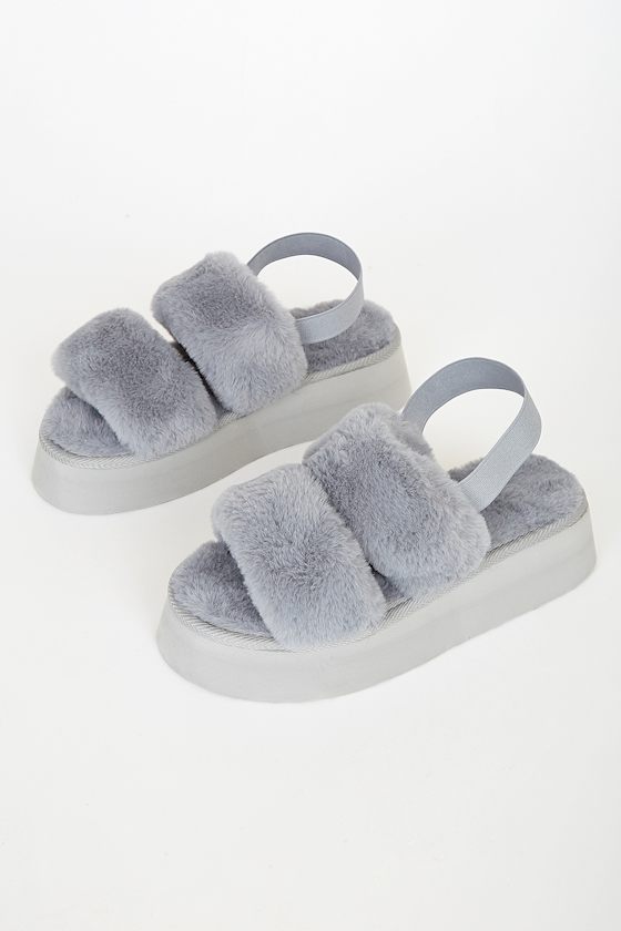 Tatianna Grey Faux Fur Platform Slingback Slippers 2