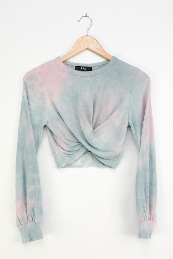 Come Up Blue Multi Tie-Dye Twist Front Cropped Long Sleeve Top 2
