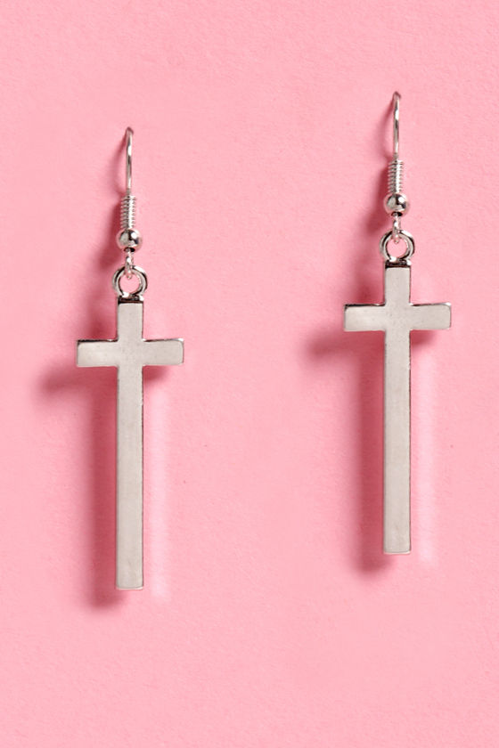 Cool Cross Earrings Dangle Earrings Silver Earrings 8.00 Lulus