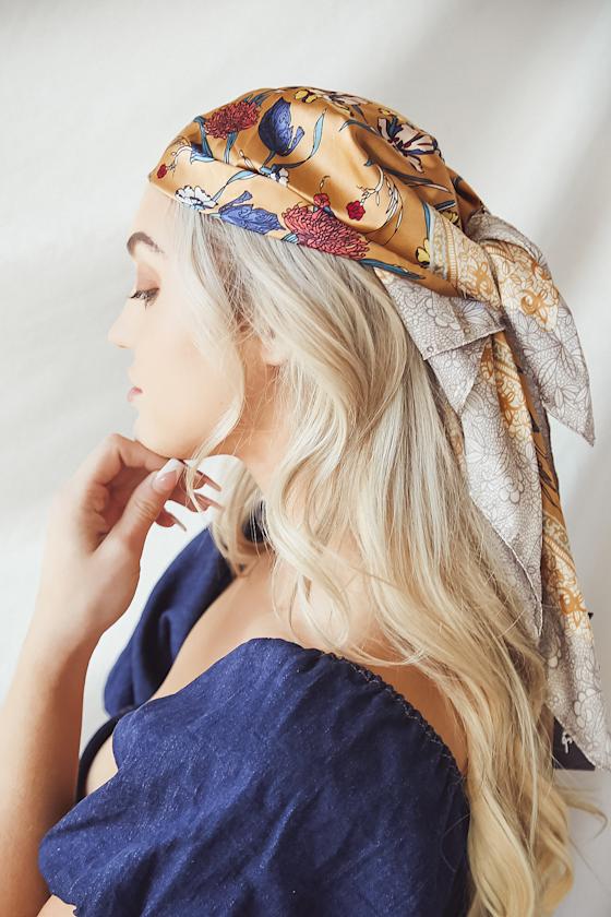 Bloom Baby, Bloom Mustard Yellow Floral Print Handkerchief Scarf 1