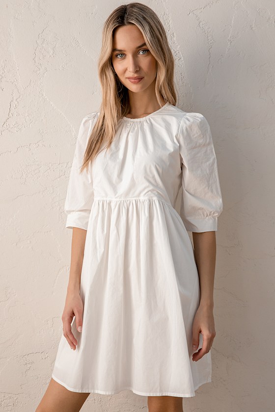 White Babydoll Dress Puff Sleeve Dress Cotton Mini Dress Lulus