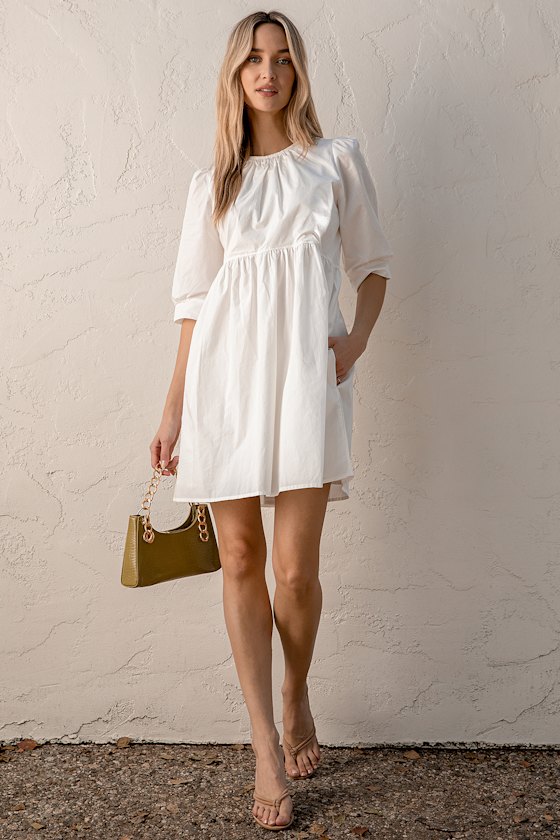 Got This Feeling White Puff Sleeve Babydoll Dress 1