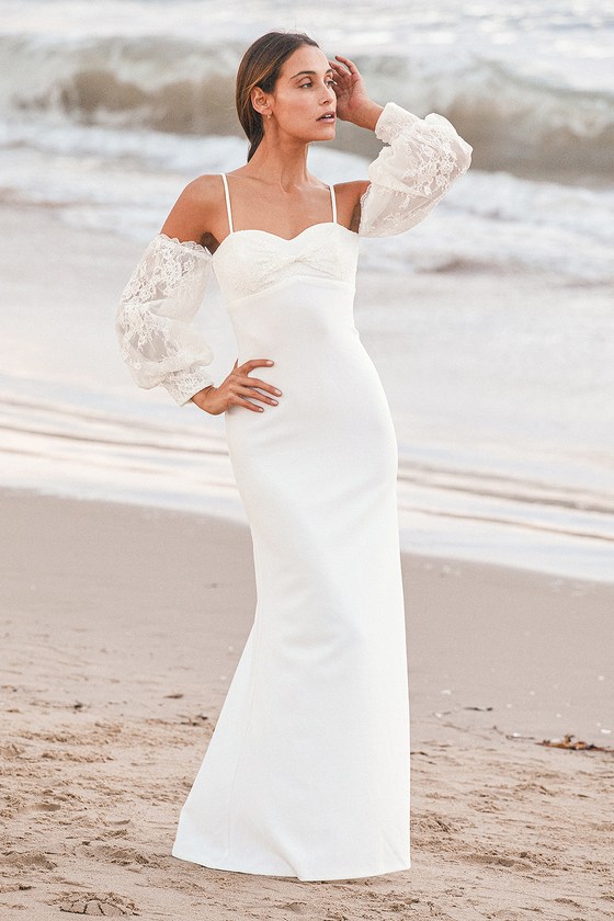 Dear Forever White Lace Cold-Shoulder Puff Sleeve Maxi Dress