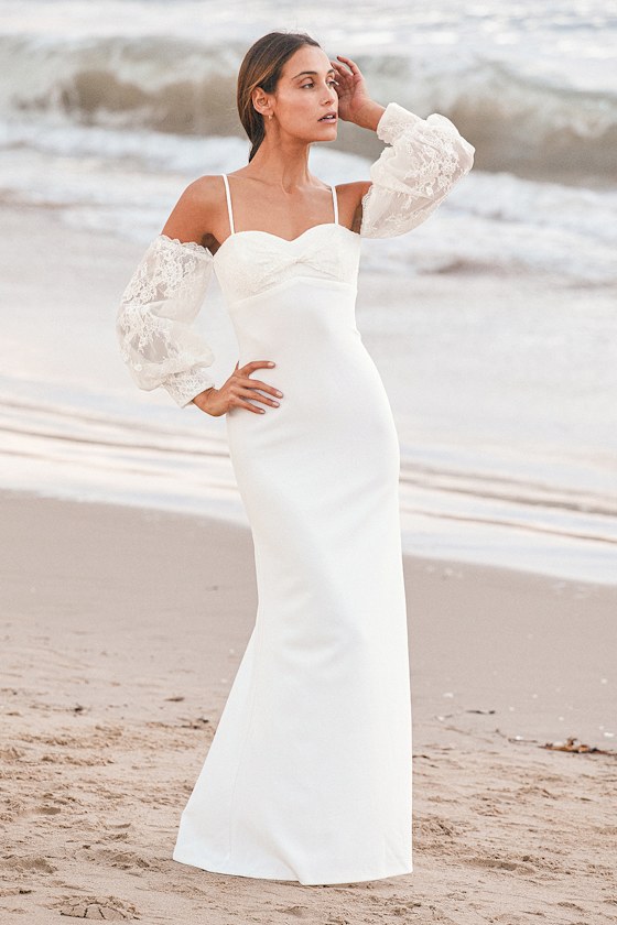 Dear Forever White Lace Cold-Shoulder Puff Sleeve Maxi Dress 11